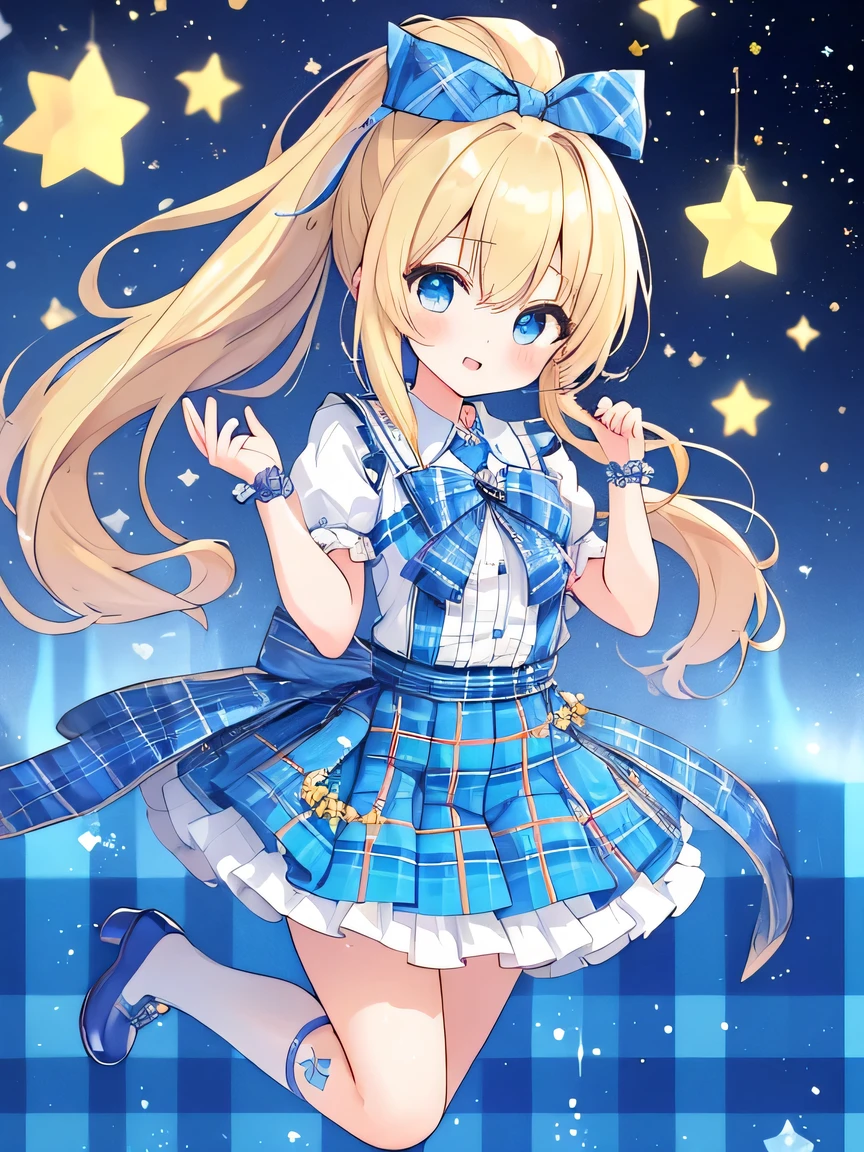 ((masterpiece)), ((best quality)), (ultra-detailed), ((kawaii)), cute, (lovely), illustration, anime style, full body, full body focus, a cute girl, solo, 1girl, Live performance venue, idol outfit, blond ponytail, big blue ribbon, tsundere, tight eyes, confident expression, a little bit gal, American girl, blue eyes, age15, Blonde hair, tied on one side of the head, hanging down loosely with a large blue ribbon at the knot. A faint stardust effect emanating from the hair. A tsundere personality with a confident and bold expression. Eyes like shining jewels, blue in color. Slightly gal-style, an American girl. (Tartan plaid ribbon:1.3), short sleeves, Fantasy-style background.