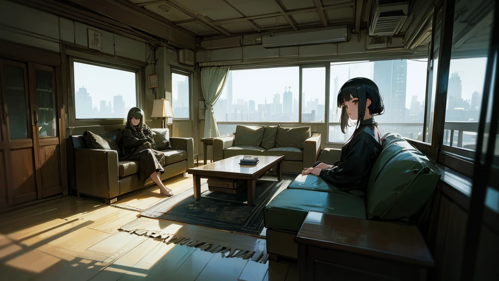 There is a woman sitting on the sofa in the living room., Set on the rooftops of Tokyo, In a Japanese apartment, On the roof, in a Cyberpunk settings, A mix of anime style and Fujifilm, Cyberpunk settings, In the old house. Ultra-realistic, Lo-fi portrait by the window, Cozy place, Post-apocalyptic perspective, the Cyberpunk Apartment, Cyberpunk Apartment, Lo-fi Girl