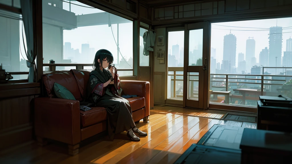 There is a woman sitting on the sofa in the living room., Set on the rooftops of Tokyo, In a Japanese apartment, On the roof, in a Cyberpunk settings, A mix of anime style and Fujifilm, Cyberpunk settings, In the old house. Ultra-realistic, Lo-fi portrait by the window, Cozy place, Post-apocalyptic perspective, the Cyberpunk Apartment, Cyberpunk Apartment, Lo-fi Girl