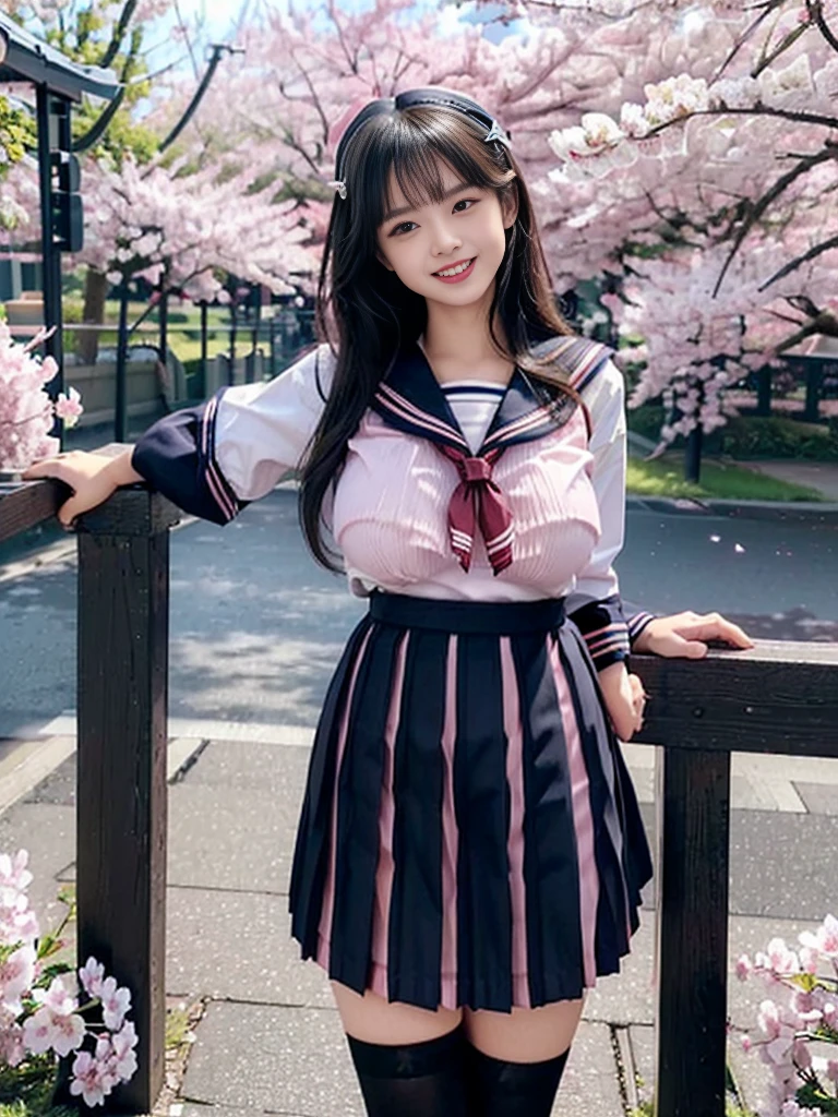 (Hyperrealism, 10, Very detailed, Highest quality, Very detailedな, masterpiece, 超Realistic, High detail, RAW Photos, Realistic,)((School、spring、The cherry blossoms have started to bloom a little.)),(((Sailor suit, school uniform))), (((Black pleated skirt))), (Black Stockings),(Composition from the front))、Highest quality, (((whole body)))、(((Big Breasts、Gcup)))、Beautiful Japanese Girl,Long Hair、Black Hair、Smiling with a sexual expression,, Laugh with a sexual expression, ((Accurate Clothing、Accurate human body))