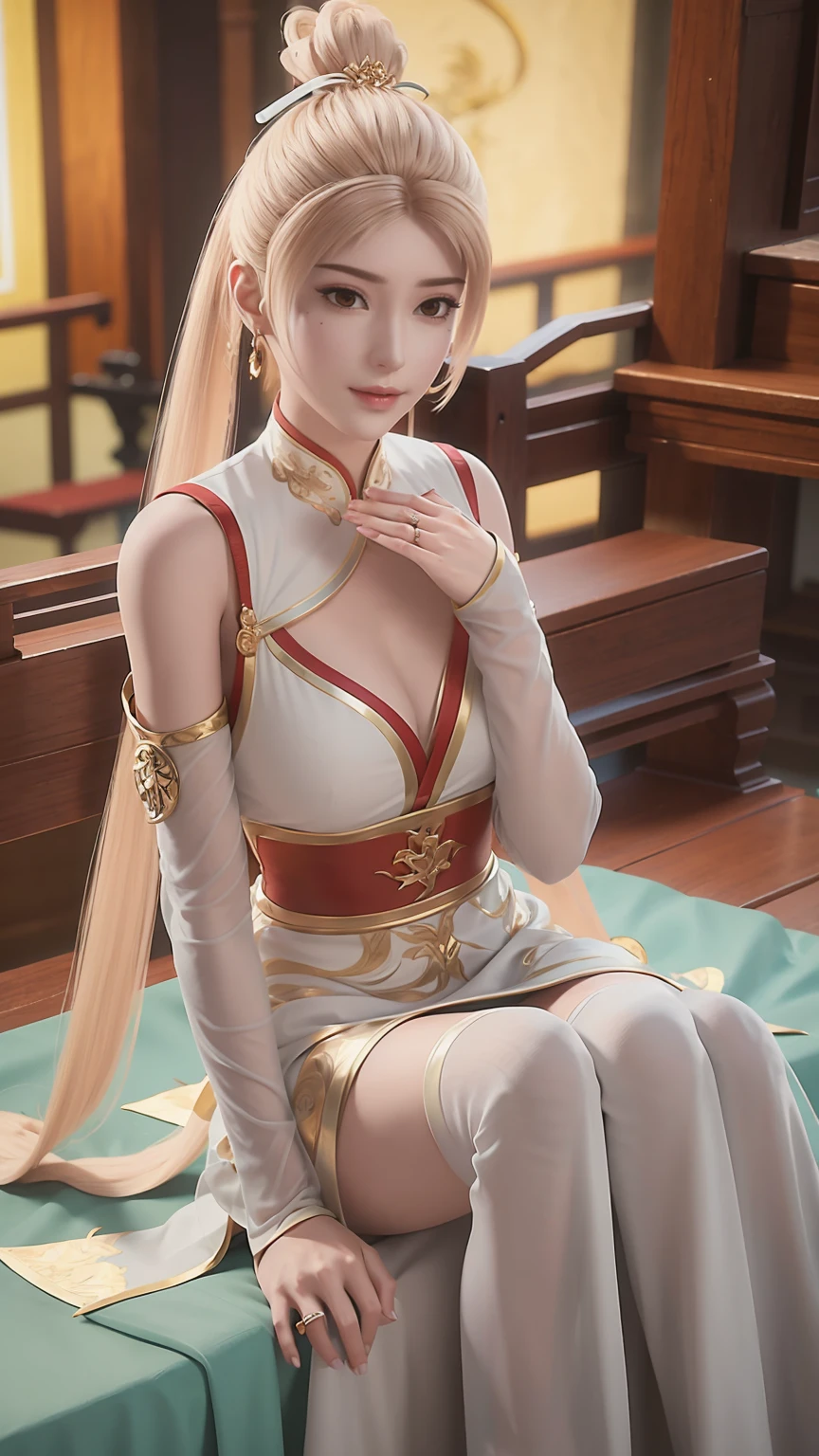 A beautiful young woman，Long hair，Wearing pajamas，Sitting on the bed，barefoot，Wearing a dress，Side-lying，Cross-legged，Full body shot，(Best picture quality，4k,8k，high-definition，excellent work:1.2)，Ultra Detail，(Realistic，Realistic，Realistic:1.37)，Delicate eyes，Delicate lips，Extremely detailed face and eyes，Long eyelashes，Natural light，Warm colors，Soft Focus，，portrait，Chiaroscuro，Deep scene，Cyan eyes，Jade Hands，Clear fingers