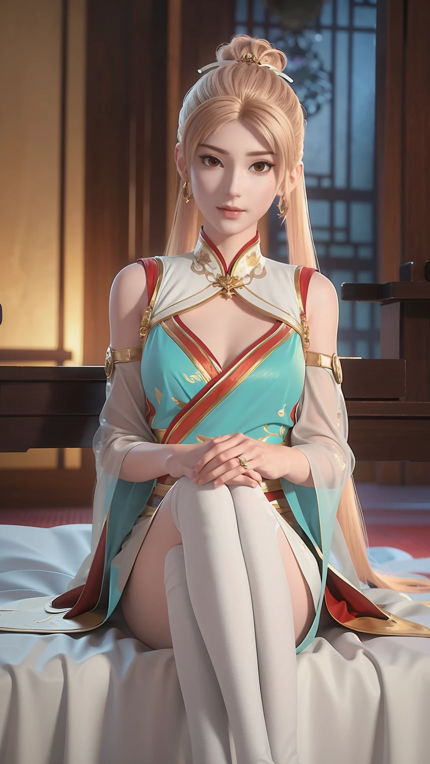 A beautiful young woman，Long hair，Wearing pajamas，Sitting on the bed，barefoot，Wearing a dress，Side-lying，Cross-legged，Full body shot，(Best picture quality，4k,8k，high-definition，excellent work:1.2)，Ultra Detail，(Realistic，Realistic，Realistic:1.37)，Delicate eyes，Delicate lips，Extremely detailed face and eyes，Long eyelashes，Natural light，Warm colors，Soft Focus，，portrait，Chiaroscuro，Deep scene，Cyan eyes，Jade Hands，Clear fingers