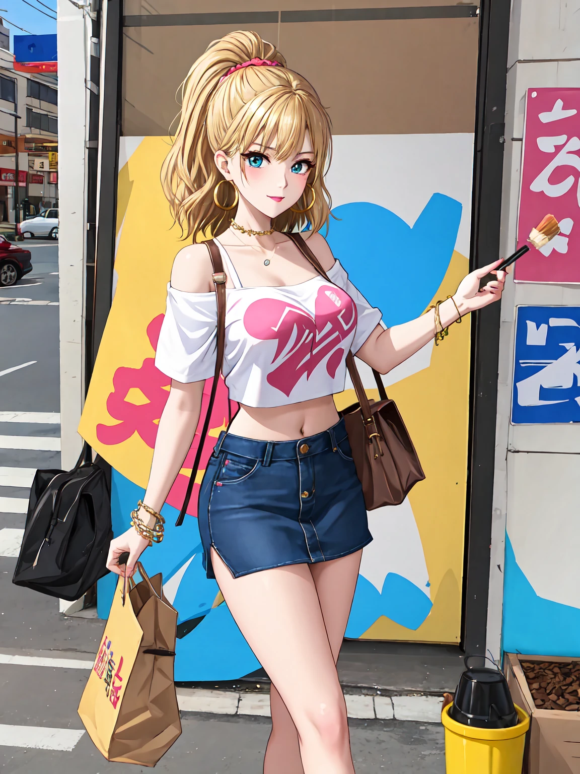 Glamorous gyaru girl from early 2000s Japanese gyaru magazine AGEHA, blonde hair with brown streaks, thick heavy makeup, dark sculpted eyebrows, glossy tanned skin, miniskirt, midriff-baring croptop, large hoop earrings, arm party with bangles and bracelets, strappy high heeled sandals, holding an oversized yoshikon bag, in a purikura photo sticker style with decorative borders, fisheye lens warp, neon color graffiti text