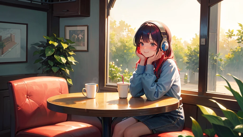 A smiling girl, listening to music with headphones, is turned to the side while drinking coffee in a cafe. There's a straw on the table, and sunlight streams through the window, creating a warm and cozy atmosphere. The space is filled with a floral aesthetic and pastel colors, looking like a slice of everyday life. She enjoys a quiet morning, with the aroma wafting from a latte with elegant latte art. The scene has a bokeh effect, and potted plants and cherry trees can be seen. Her cheeks are red, and she has blue hair with a wave motif pattern, pondering something with a gentle and delicate expression.