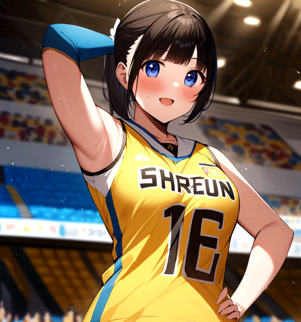 A woman in a yellow uniform is posing for a photo, volleyballのジャージを着て, Shot with the Nikon Z9, mayuri shiina, Portrait of Mayuri Shiina, Shot with Canon EOS R 6, kimi takemura, Shot with Canon EOS R 5, Realistic young gravure idol, volleyball