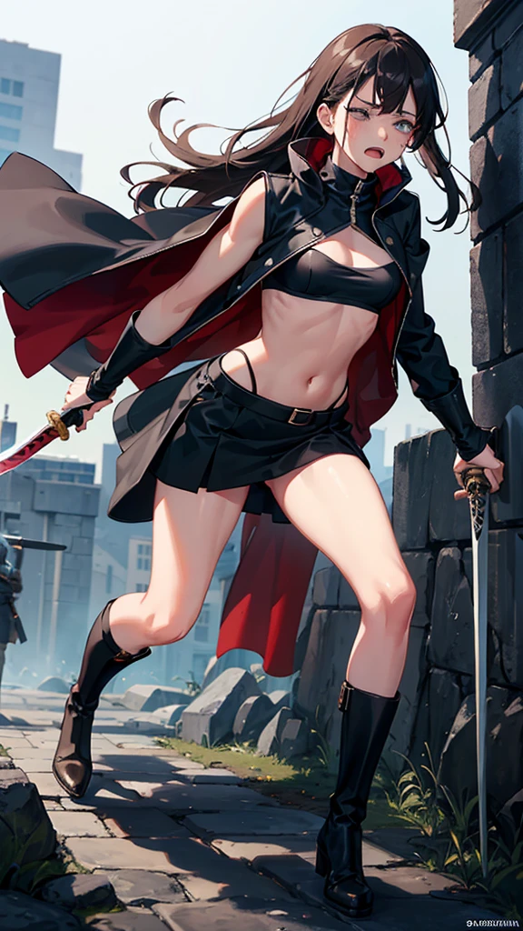 Girl, Navel exposed, Wearing calf-length socks and boots, Holding a sword, Being attacked by enemies, He closes his eyes in pain and cries, Wearing a jacket
