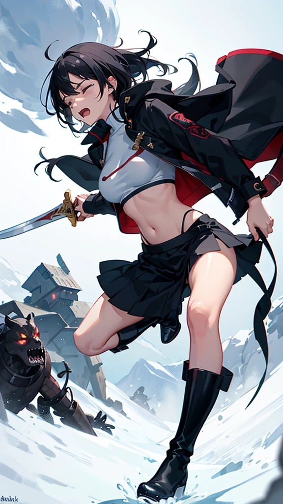 Girl, Navel exposed, Wearing calf-length socks and boots, Holding a sword, Being attacked by enemies, He closes his eyes in pain and cries, Wearing a jacket