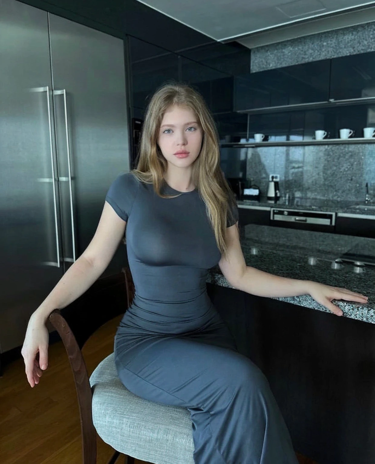 Arav woman sitting on a chair in the kitchen with a counter, Yelena Belova, Transparent grey dress, Anna Nikonova aka Newmilky, Tights, Victoria Gavrilenko, Young women, Dasha Taran, Angelina Stroganova, 19 year old girl, Girlfriend, Beautiful young model, Sexy dress, On the kitchen table