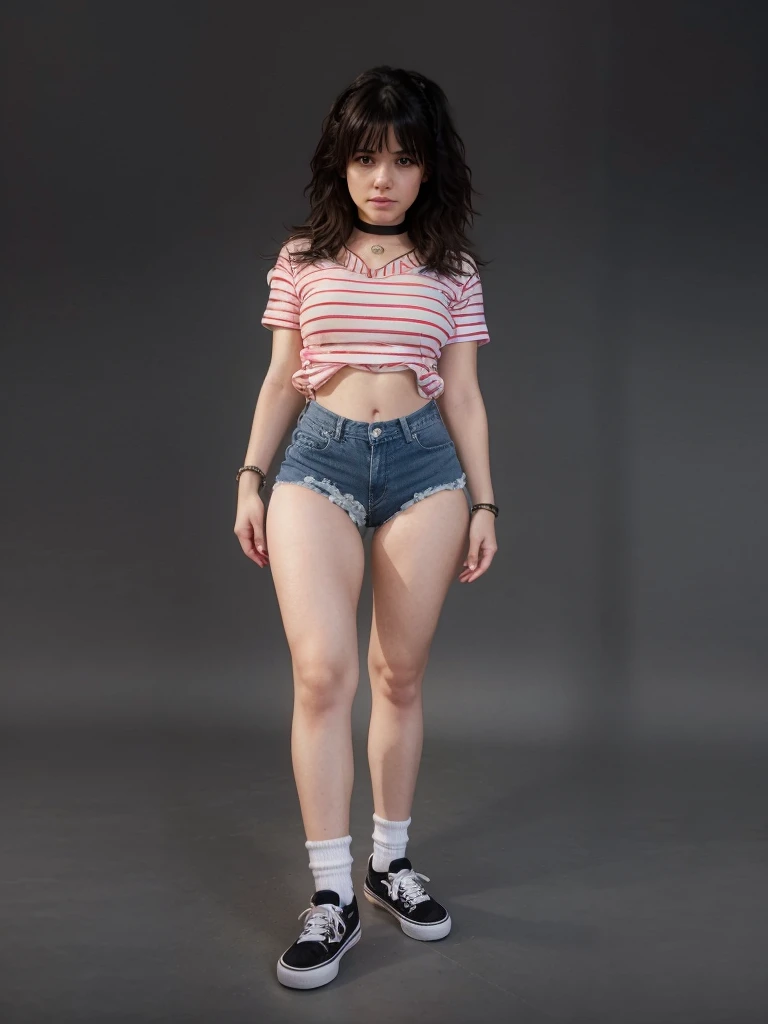 girl sexy realistic, fringe hair realistic, face sweet realistic wearing realistic t-shirt, realistic shorts denim, realistic ankle white socks, realistic vans shoes uses choker and bracelets realistic details.