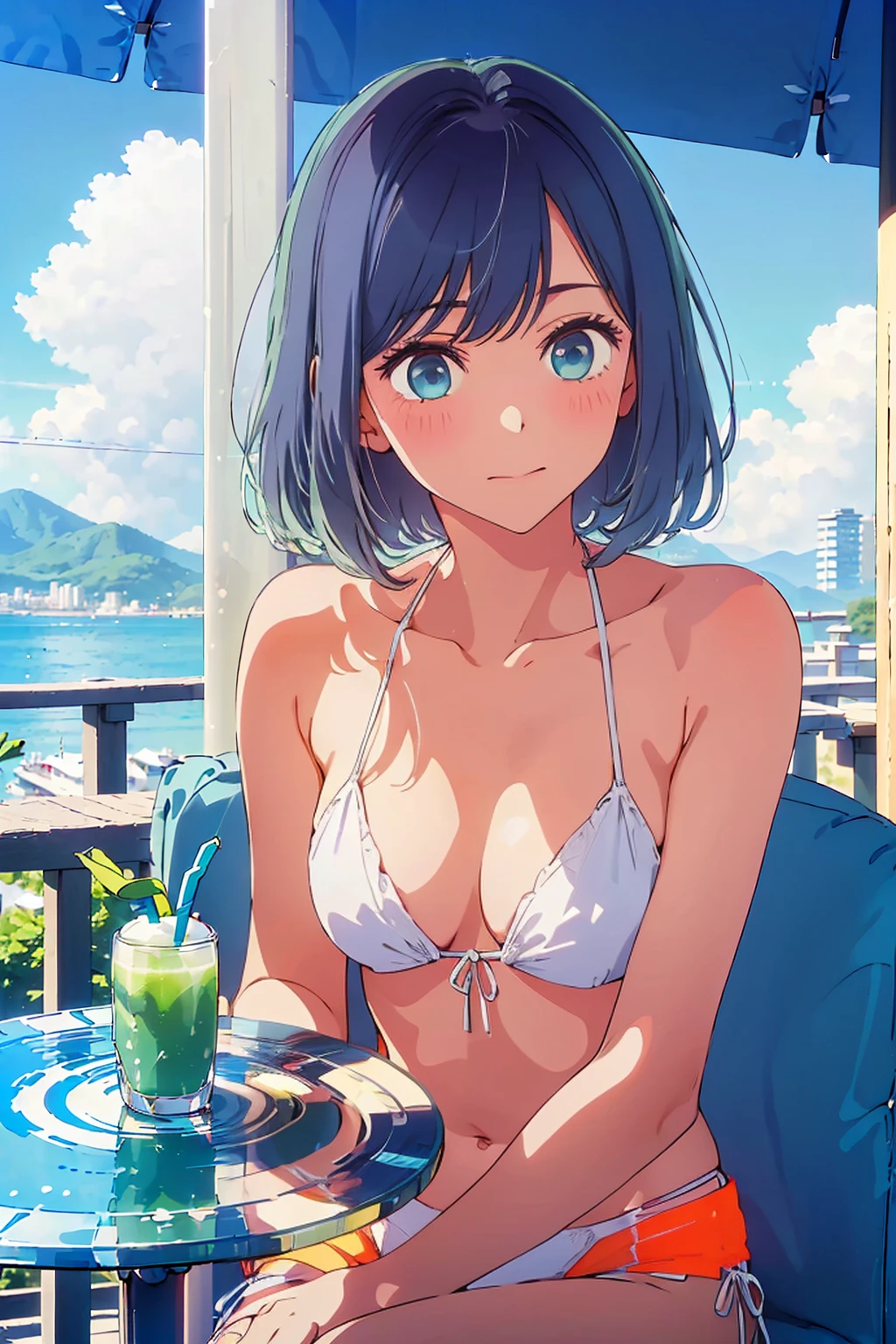 (Highest quality:1.4、8k:1.4,detailed),F cup bust、Big Breasts、Slim and beautiful arms、Slim body、Very white beautiful skin、((((1 person、smile、smile、sit、Chair、In the background are the urban buildings of Tokyo、looking at the camera、Outdoor café terrace、coastal、Navy hair color、juice、She is wearing a white side-string high-leg bikini、Shooting up close、table、Very cute face))))、Very blue sky、A completely cloudless sky、She tilted her head slightly、The atmosphere is bright and lively、The woman is at the center of the image。