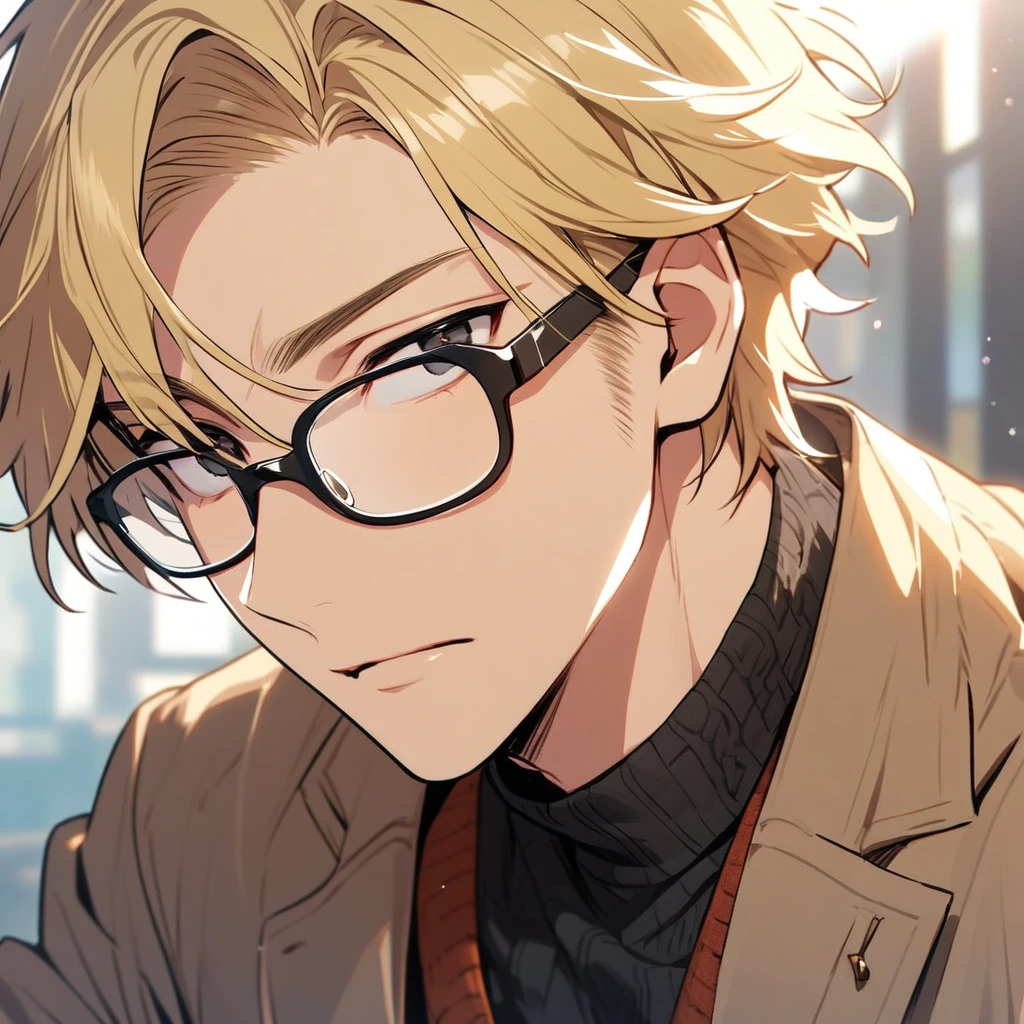 Male, solo, handsome, blond hair, black eyes, glasses