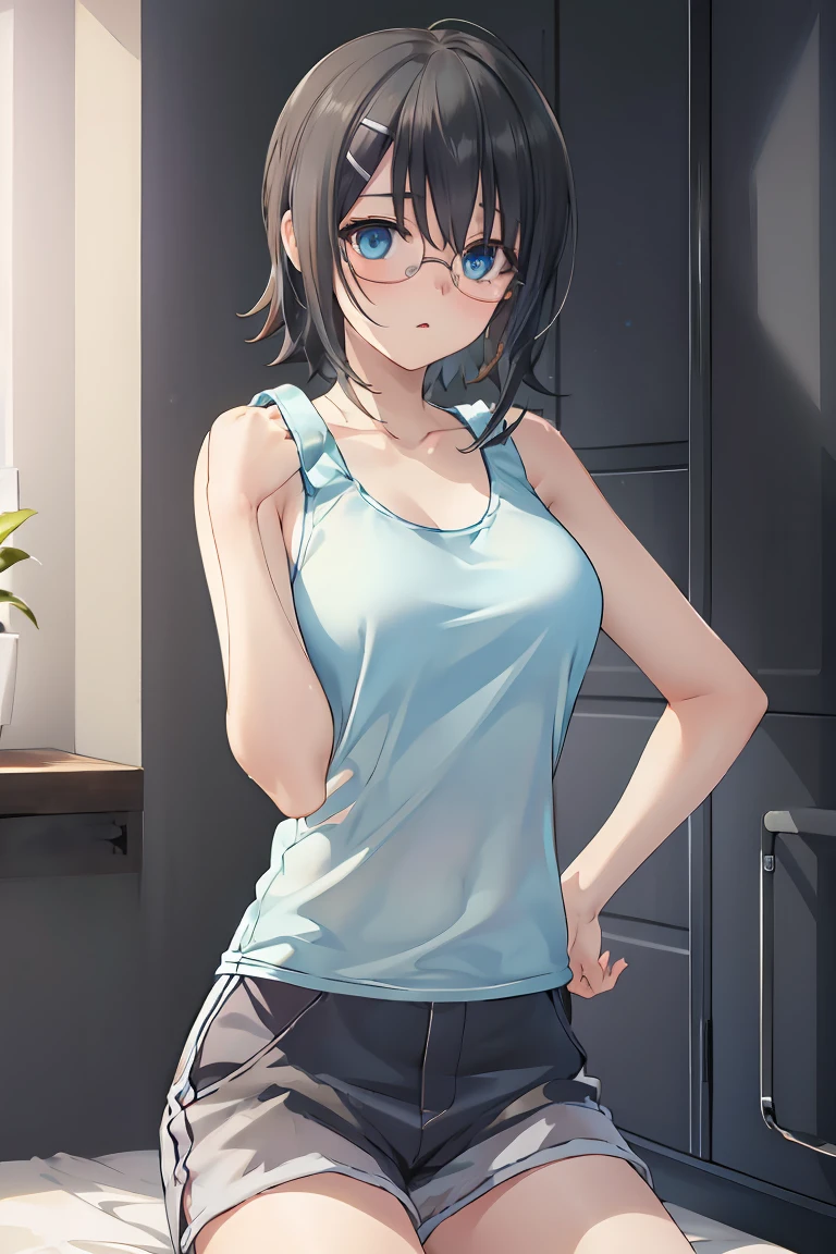 yorihime nao, glasses, hairclip,((black hair:1.5)),
BREAK ((blue tank top and shorts:1.5))
BREAK changing room, lockers,
BREAK pose, hand on hip,
BREAK (masterpiece:1.2), best quality, high resolution, unity 8k wallpaper, (illustration:0.8), (beautiful detailed eyes:1.6), extremely detailed face, perfect lighting, extremely detailed CG, (perfect hands, perfect anatomy), sit in bed,