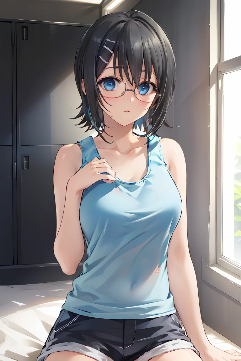 yorihime nao, glasses, hairclip,((black hair:1.5)),
BREAK ((blue tank top and shorts:1.5))
BREAK changing room, lockers,
BREAK pose, hand on hip,
BREAK (masterpiece:1.2), best quality, high resolution, unity 8k wallpaper, (illustration:0.8), (beautiful detailed eyes:1.6), extremely detailed face, perfect lighting, extremely detailed CG, (perfect hands, perfect anatomy), sit in bed,