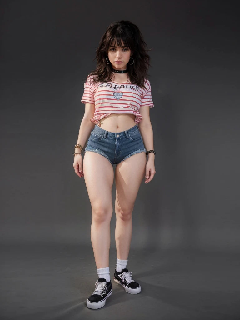  girl sexy realistic, fringe hair realistic, face sweet realistic wearing realistic t-shirt, realistic shorts denim, realistic ankle white socks, realistic vans shoes uses choker and bracelets realistic details.