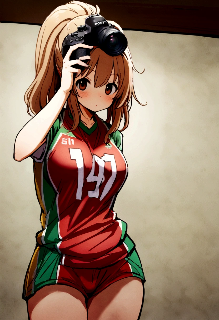 A woman in a red and green uniform poses for a photo, Wearing a volleyball jersey, Asuka, Asuka suit under clothes!, Yuki Morita, Chiho, Chiho ashima, Shot with a Canon 5D MK4, lower angle, Yoshitomo Nara, Shot with Sony A7III, mao hamaguchi