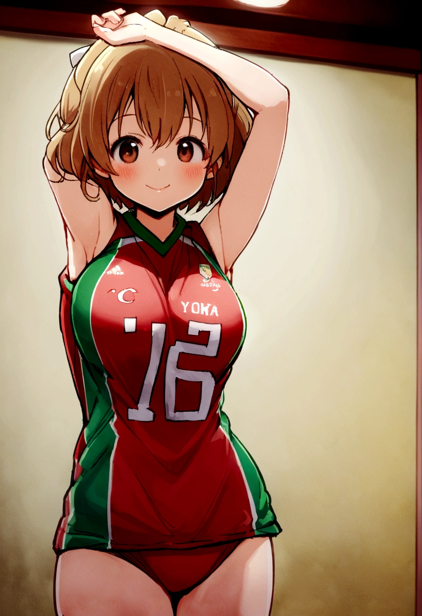 A woman in a red and green uniform poses for a photo, Wearing a volleyball jersey, Asuka, Asuka suit under clothes!, Yuki Morita, Chiho, Chiho ashima, Shot with a Canon 5D MK4, lower angle, Yoshitomo Nara, Shot with Sony A7III, mao hamaguchi