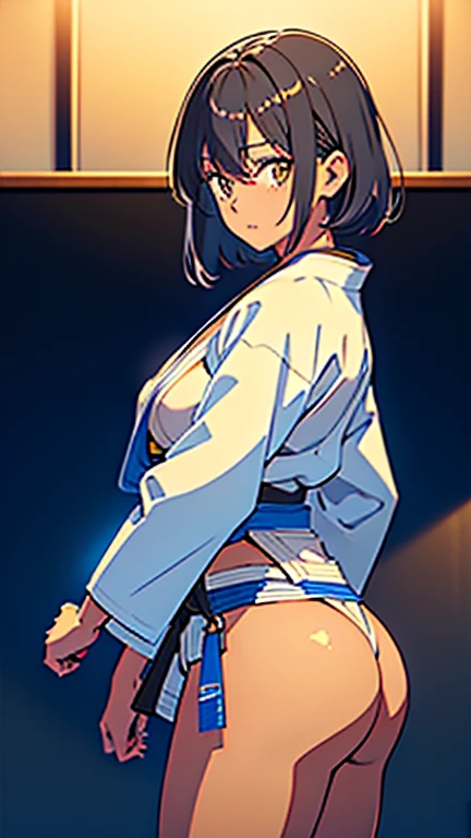 masterpiece, best quality, (dark skin), short hair, yellow eyes, black hair, beautiful girl, thin, full body, tall girl, ((white female jiu jitsu kimono with blue belt)), ((kawaii)), ((cute)), plan boobs, short boobs, small , ((short chest)), ((big butt)), ((wide thigh)), fighting pose, in the dojo background