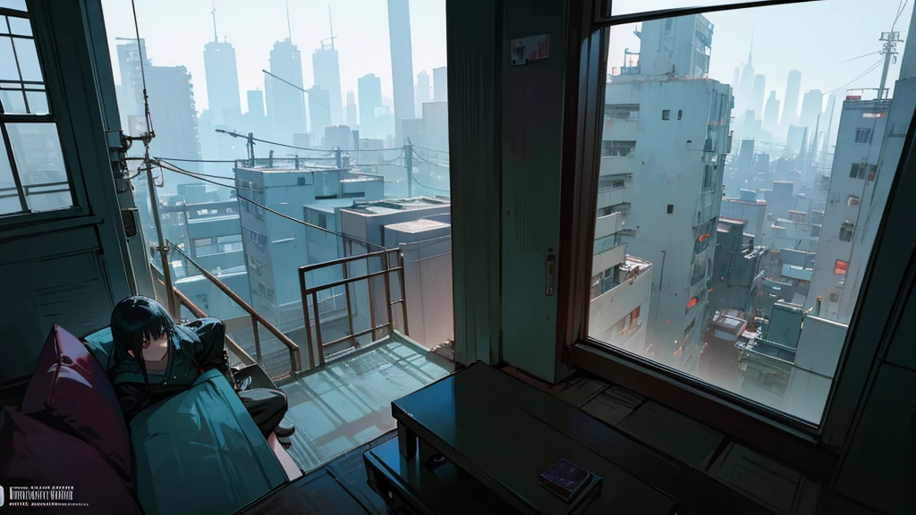There is a woman sitting on the sofa in the living room., Set on the rooftops of Tokyo, In a Japanese apartment, On the roof, in a Cyberpunk settings, A mix of anime style and Fujifilm, Cyberpunk settings, In the old house. Ultra-realistic, Lo-fi portrait by the window, Cozy place, Post-apocalyptic perspective, the Cyberpunk Apartment, Cyberpunk Apartment, Lo-fi Girl