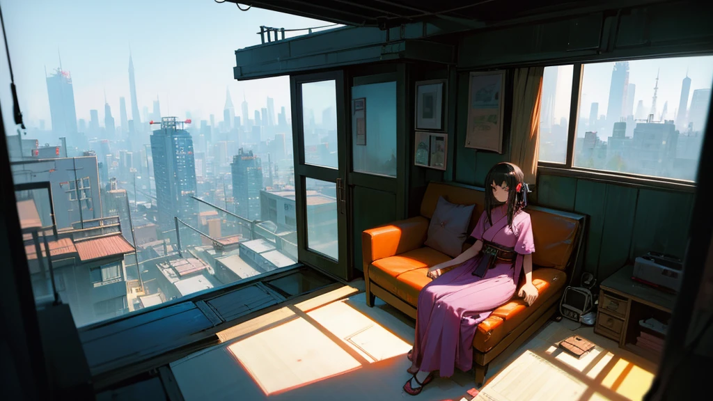 There is a woman sitting on the sofa in the living room., Set on the rooftops of Tokyo, In a Japanese apartment, On the roof, in a Cyberpunk settings, A mix of anime style and Fujifilm, Cyberpunk settings, In the old house. Ultra-realistic, Lo-fi portrait by the window, Cozy place, Post-apocalyptic perspective, the Cyberpunk Apartment, Cyberpunk Apartment, Lo-fi Girl
