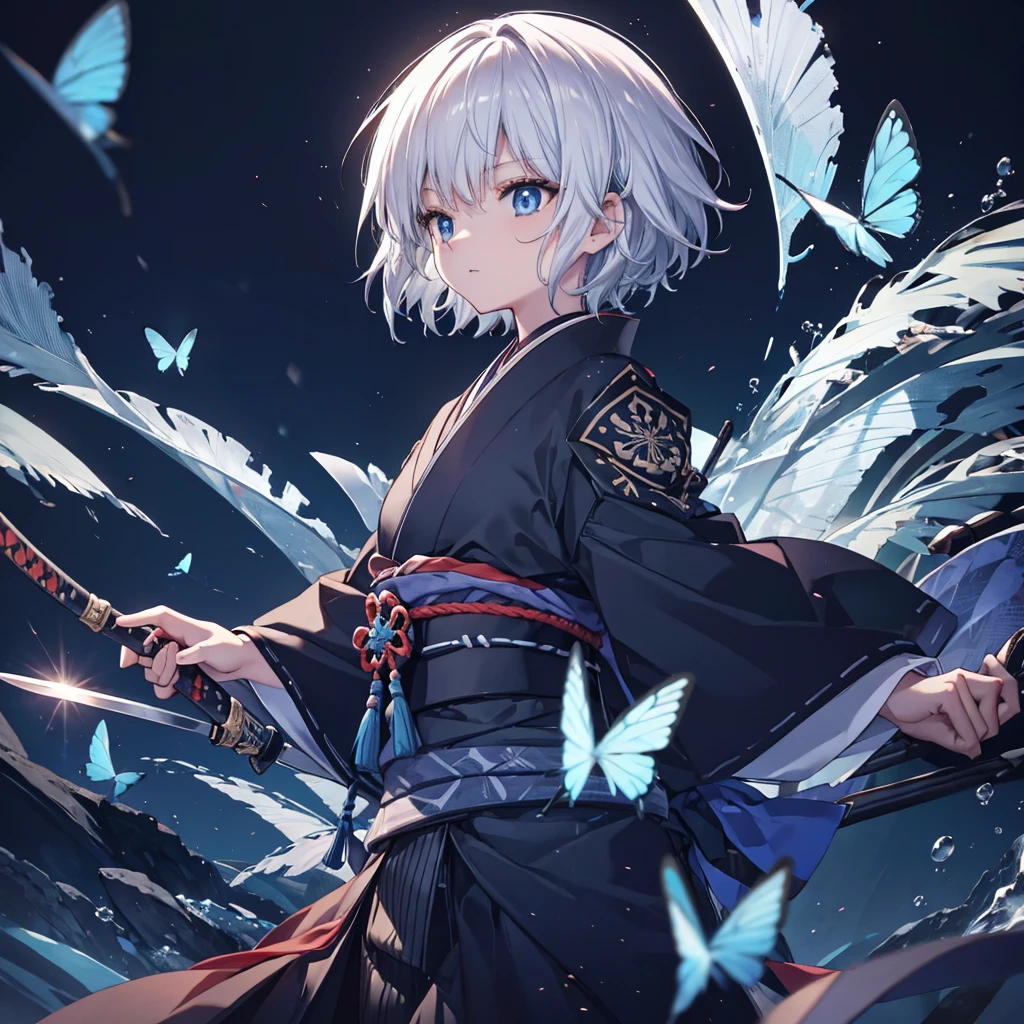 (((1 person)))　((High resolution　Gray Hair　short hair　Make your hair shine from the inside　Black kimono　Shoulder　knifeを胸の前で構える　Stand up your collar))　((Black Band　samurai　Military commander　general　Lonely　despair　blue eyes))　((Blue Butterfly　night　Japanese style　old　Shining Aura　garden　water surface　Catch the wind))　(dance　日本knife　knife　Slashing)　moonlight　star　Draw your sword　Shining Background　Shining Edge