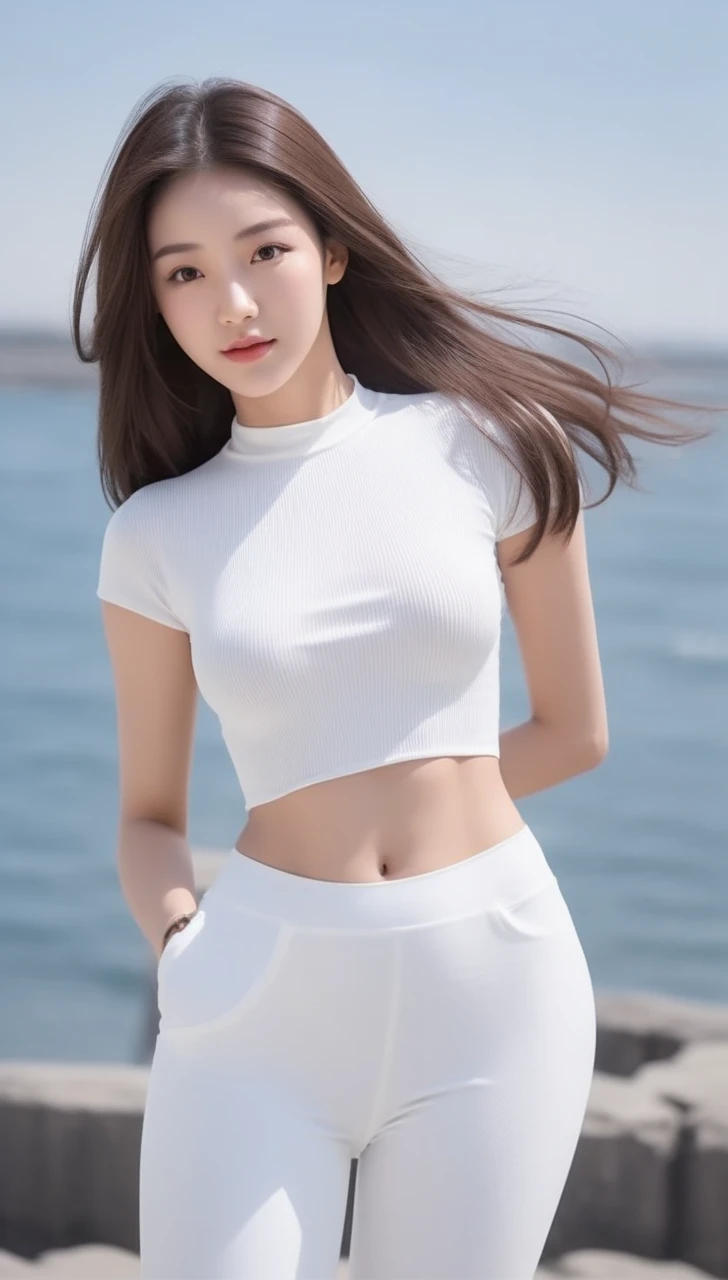 Woman in white top and white pants posing for photo, smooth grey bodysuit outfit, wearing tight simple clothes, beautiful Korean woman, beautiful young Korean woman, Korean girl, Korean woman in tight shirt, thin waist and thick hips, hot in the sun, attractive figure, beautiful young Korean woman in crop top, elegant smooth figure, wearing grey clothes, seaside background
