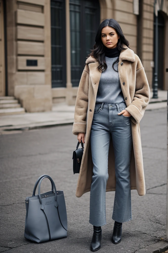 Autumn and winter catwalks,Gray tones,European and American women,Beige fur coat,Blue loose wide-leg long jeans,With an aquamarine striped shirt,Wear black leather boots,Inspired by Ralph Lauren,Valentino loose jeans, Large pants, double denim, cropped shirt with jacket, Crewneck cropping, Kneeling
