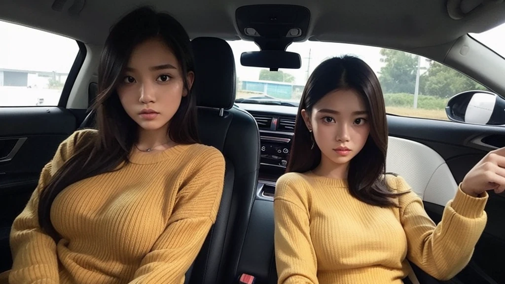 Indonesian girl 19-year-old Hairstyle Casual, F Cup Breasts wearing crewneck dress in car amd driving the car with her friend, they are scared because there are thugs who want to do carjacking and they in car increasingly scared