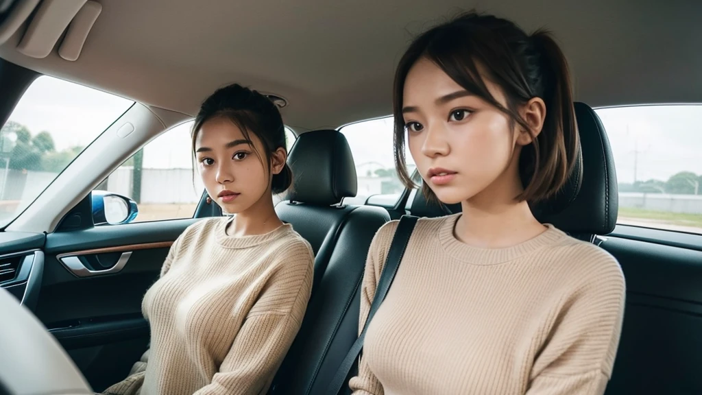 Indonesian girl 19-year-old Hairstyle Casual, F Cup Breasts wearing crewneck dress in car amd driving the car with her friend, they are scared because there are thugs who want to do carjacking and they in car increasingly scared