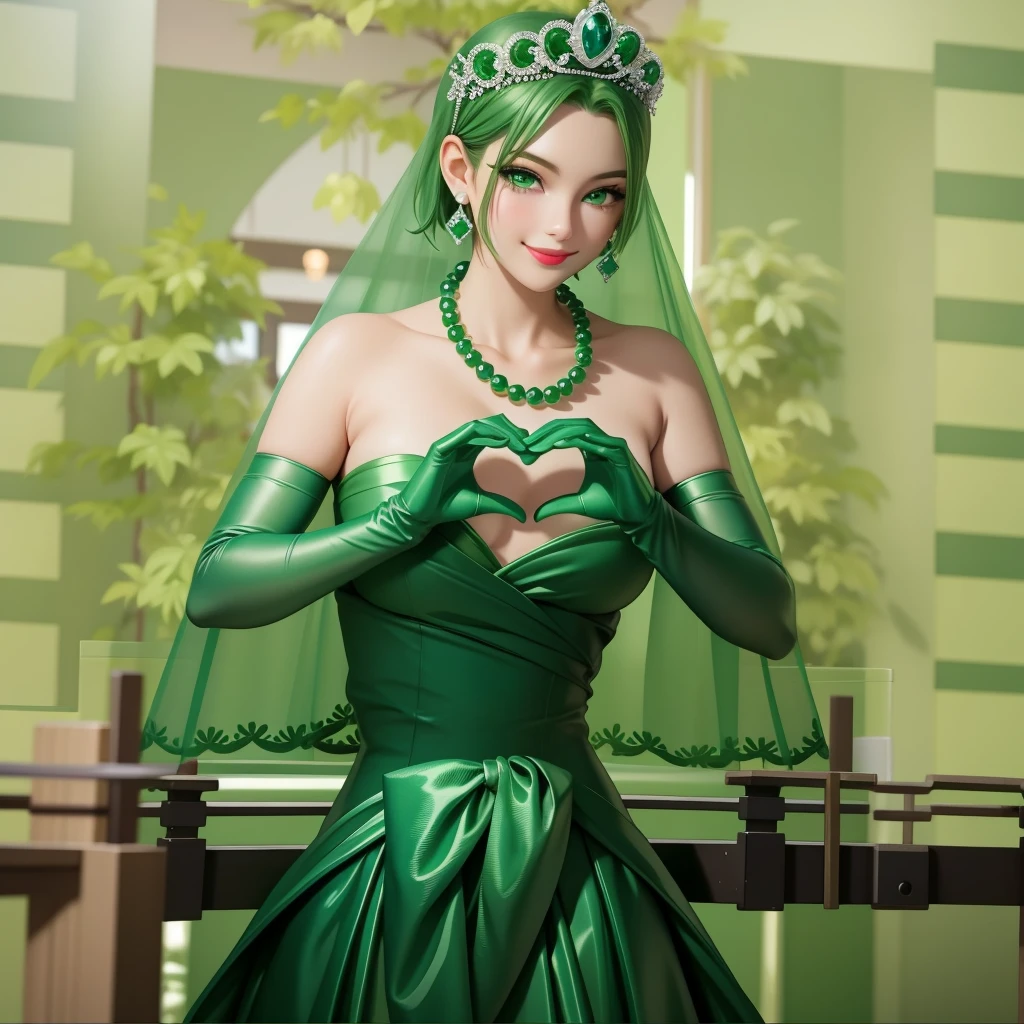 Emerald tiara, Green Pearl Necklace, ボーイッシュな非常に短いGreen Hair, Green Lips, Smiling Japanese woman, Very short hair, Busty beautiful lady, Green Eyes, Green satin long gloves, Green Eyes, Emerald Earrings, Green veil, Heart with both hands, Green Hair, Beautiful Japanese Women, Heart shaped hands:1.3, green lip gloss