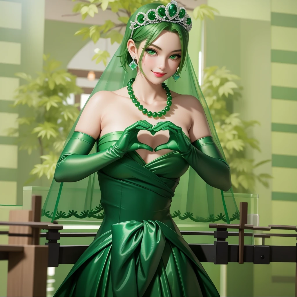 Emerald tiara, Green Pearl Necklace, ボーイッシュな非常に短いGreen Hair, Green Lips, Smiling Japanese woman, Very short hair, Busty beautiful lady, Green Eyes, Green satin long gloves, Green Eyes, Emerald Earrings, Green veil, Heart with both hands, Green Hair, Beautiful Japanese Women, Heart shaped hands:1.3, green lip gloss