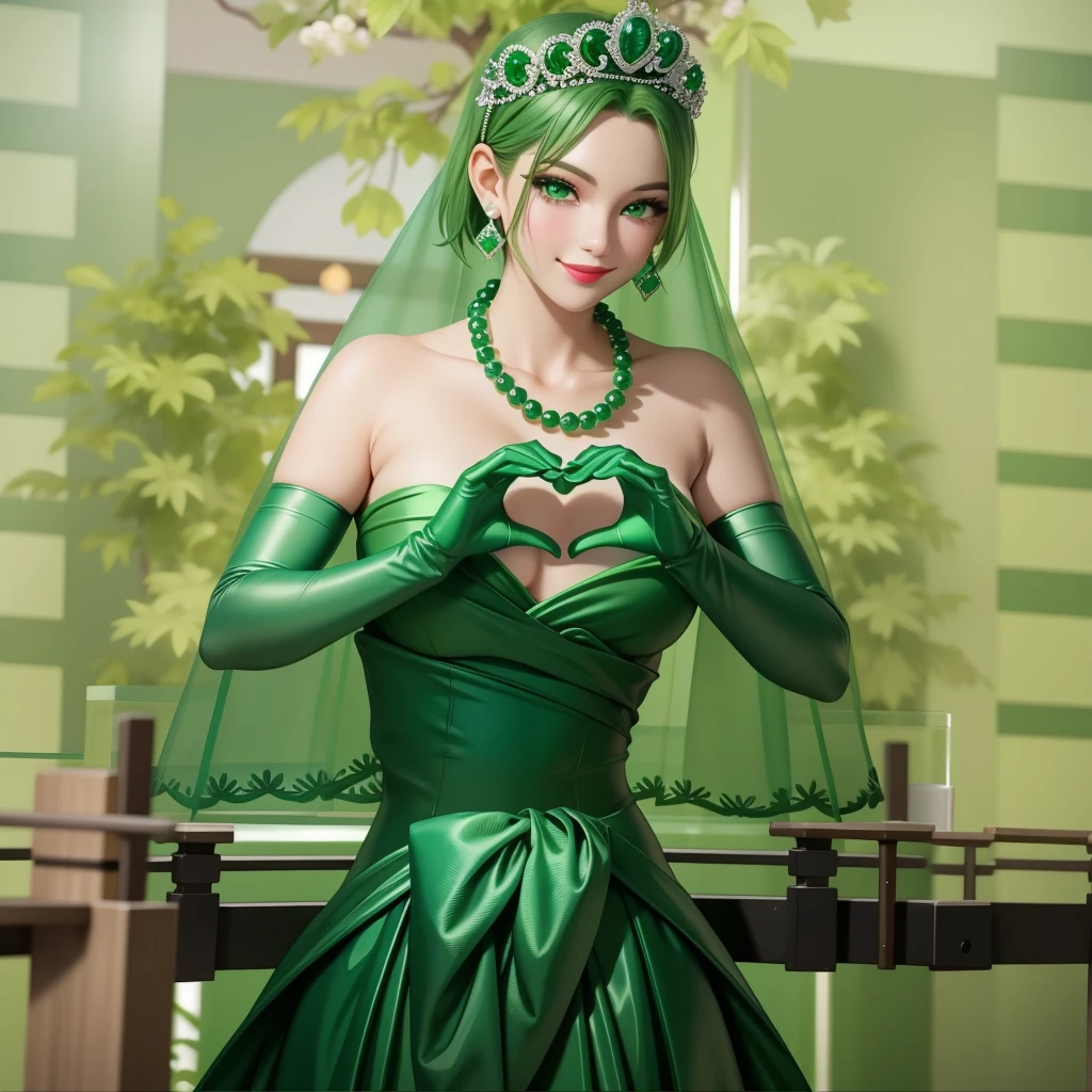 Emerald tiara, Green Pearl Necklace, ボーイッシュな非常に短いGreen Hair, Green Lips, Smiling Japanese woman, Very short hair, Busty beautiful lady, Green Eyes, Green satin long gloves, Green Eyes, Emerald Earrings, Green veil, Heart with both hands, Green Hair, Beautiful Japanese Women, Heart shaped hands:1.3, green lip gloss