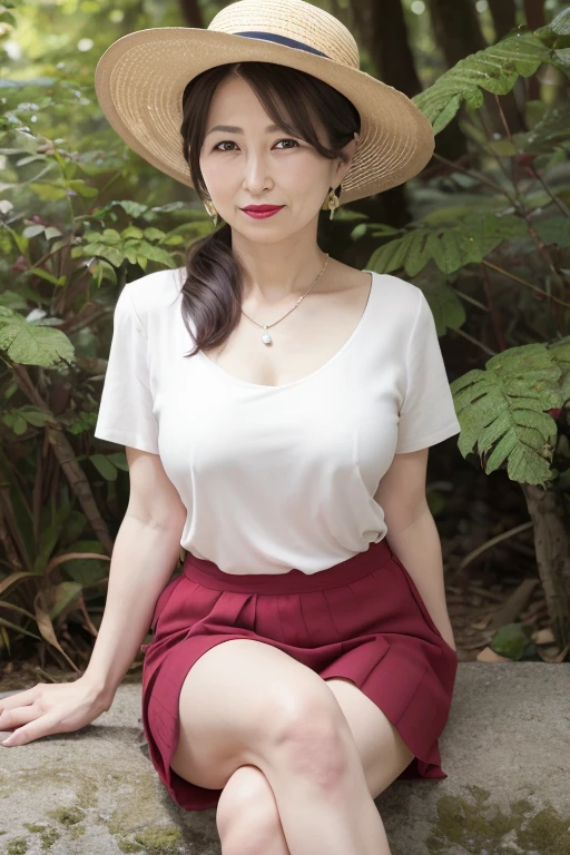 Browsing Caution, Beautiful mature Japanese woman aged 55, Married women, ring, Fine Lines, Long eyelashes, Low Ponytail, Red lipstick, Large Breasts,  Pearl Necklace, Earrings, Red lipstick, Straw hat,  Sexy Dress, Crossing your legs, Panty shot, biting index finger, Add a finger, Functional, forest, Mountain