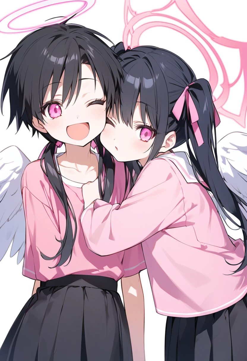 Pink eyes with black eyelashes。Half eyes closed。Black hair in twin tails with pink ribbon。A white angel halo on his head。Pink top and black skirt.。Around 19 years old