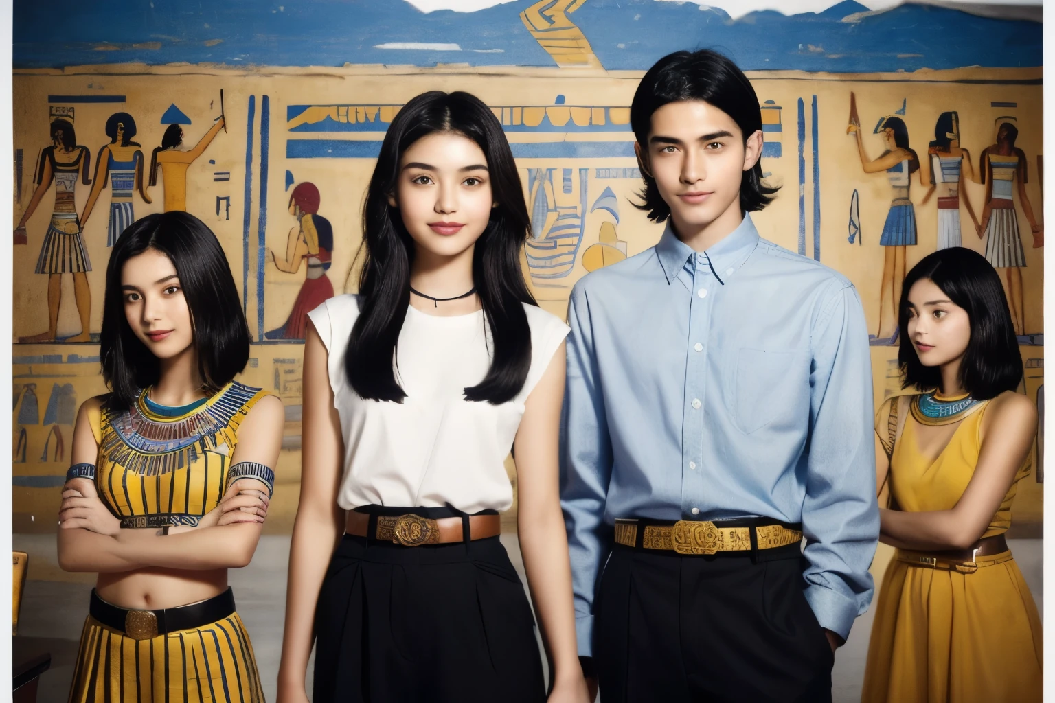 245 Inside the mural2people々々々々々(An 18-year-old female and an 18-year-old male), short hair,kind, lipstick, Egyptian civilization, Waist belt, Hieroglyphics, smile