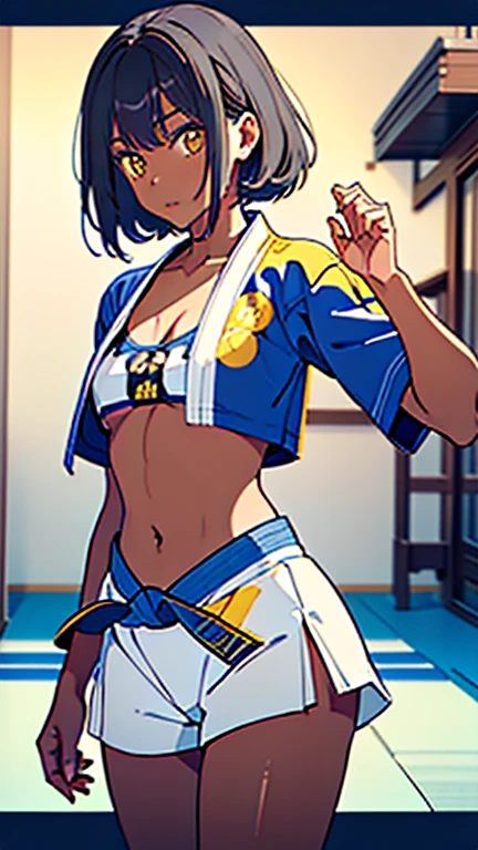 masterpiece, best quality, (dark skin), short hair, yellow eyes, black hair, beautiful girl, thin, full body, tall girl, ((white male jiu jitsu kimono with blue belt)), ((kawaii)), ((cute)), plan boobs, short boobs, small boobs, ((short chest)), ((wide thigh)), fighting pose, in the dojo background