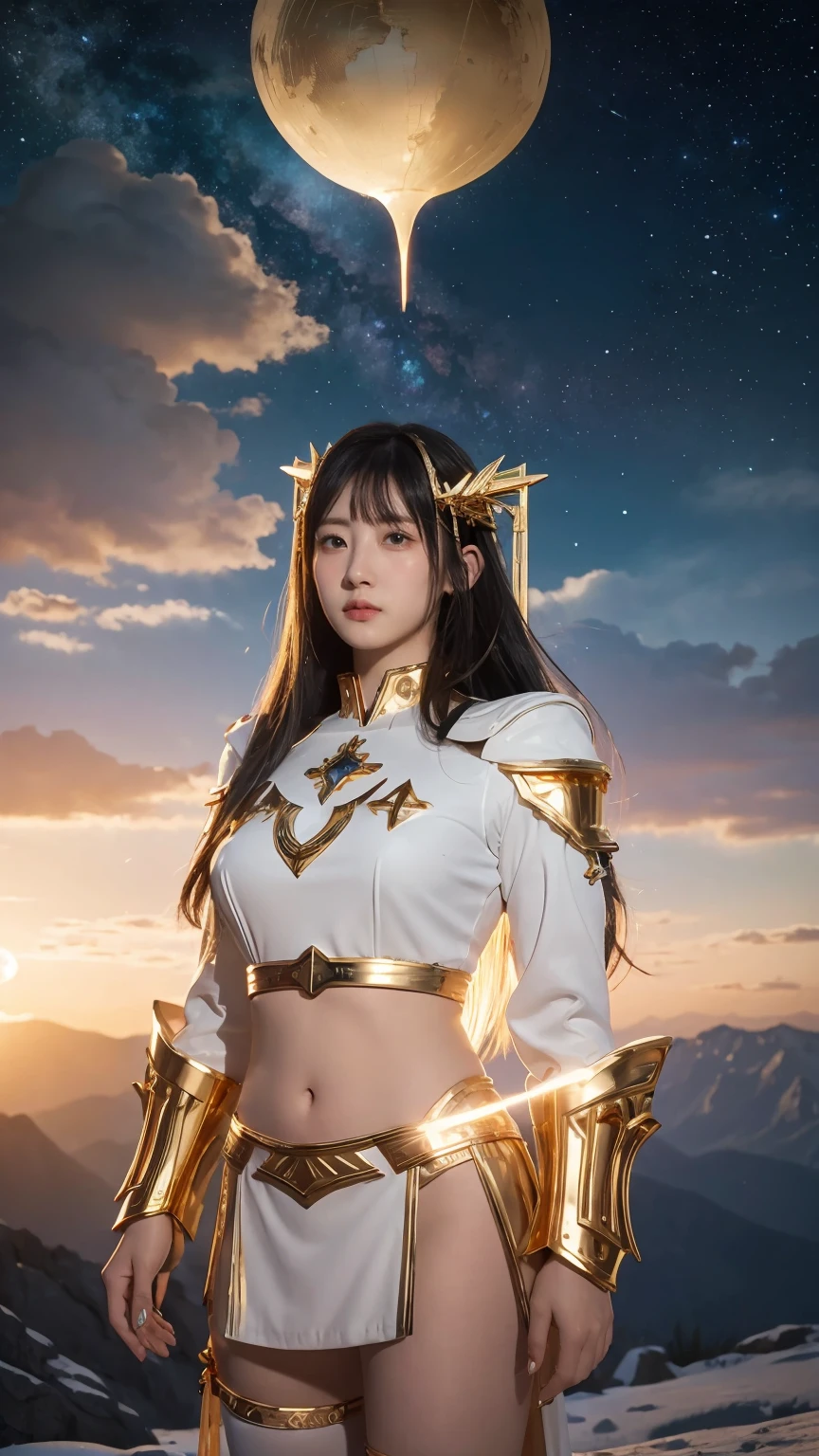 ((masterpiece, best quality, extremely detailed), volumetric lighting, ambient occlusion, colorful, glowing), 1girl, solo, young girl, (black hair with bangs), long hair, halo, aura, sacred, goddess, cleric suit, (white outfit with gold detailst:1.3), armor, outdoors, sunset, sky, clouds, space, (fantasy theme:1.2),
