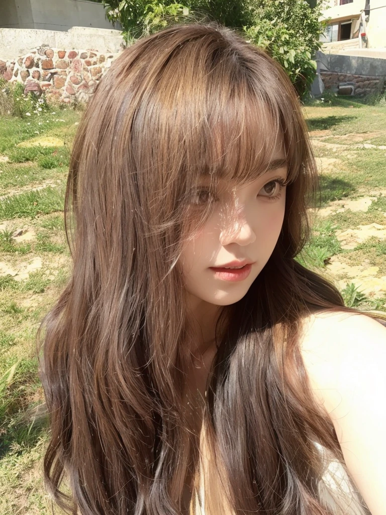 Honey Tea Flax Big Wave,Long curly hair,Natural and beautiful hair,The background is simple and clean
