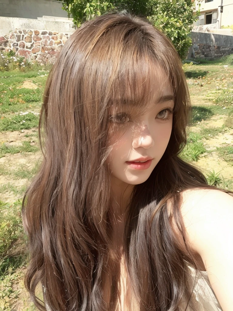 Honey Tea Flax Big Wave,Long curly hair,Natural and beautiful hair,The background is simple and clean