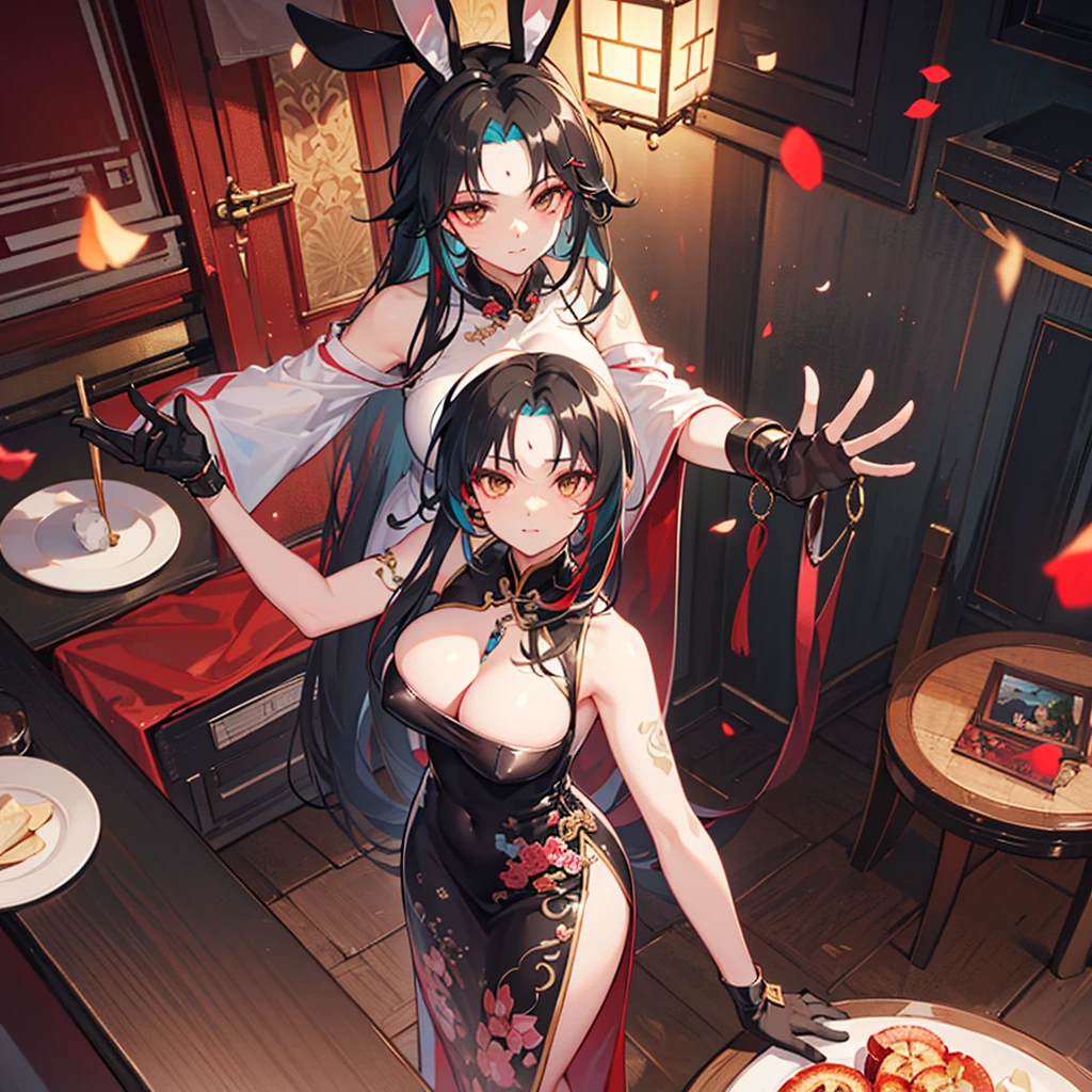 (((best quality))), ((ultra-detailed)), ((an extremely delicate and beautiful)), ((16k)), realistic, hd, cgi, gleaming hair, gleaming skin, gleaming dress, Character focus, solo, stylish pose, strong light coming in, sharp focus, illustration, game cg, anime, solo, curvy, (big breasts:1.3), forehead, ( Chinese Lace Up Cheongsam Open Chest Bodycon Dress High Slit Qipao mini), faste collarbone, (belly:0.9), standing, leaning forward, hand reaching out, looking at viewer, ocean, flower hair ornament, accessories, backlighting, shiny skin, shiny body, chibi, gloves, necklace, jewelry, black-brown hair, bead necklace, red faded into black colored hair, brown eyes, long hair, black bunny ears, red ubre hair, red black hair, more red hair streaks, smaller dress, sitting