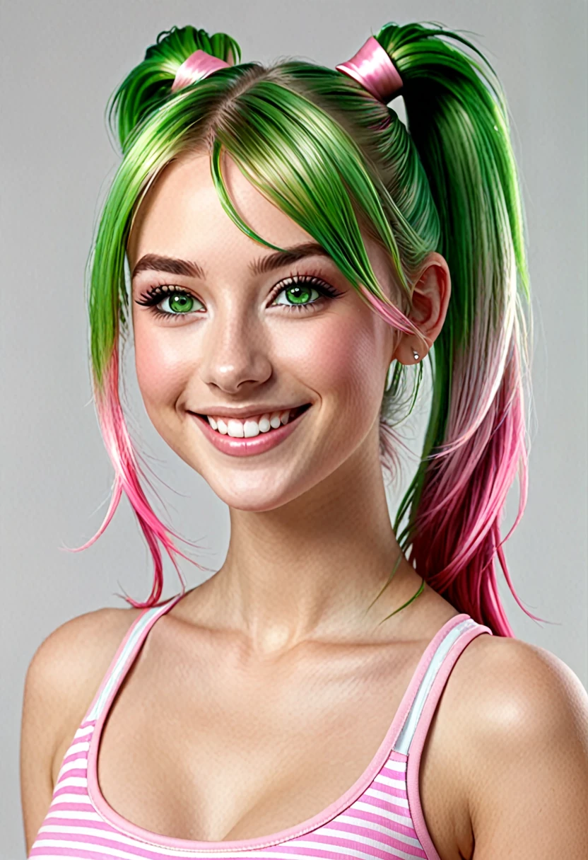 girl, beautiful green eyes, clear skin, soft makeup, long streaked green/pink hair, pony tails, realistic soft skin, tight body, photorealistic, realistic. smiling