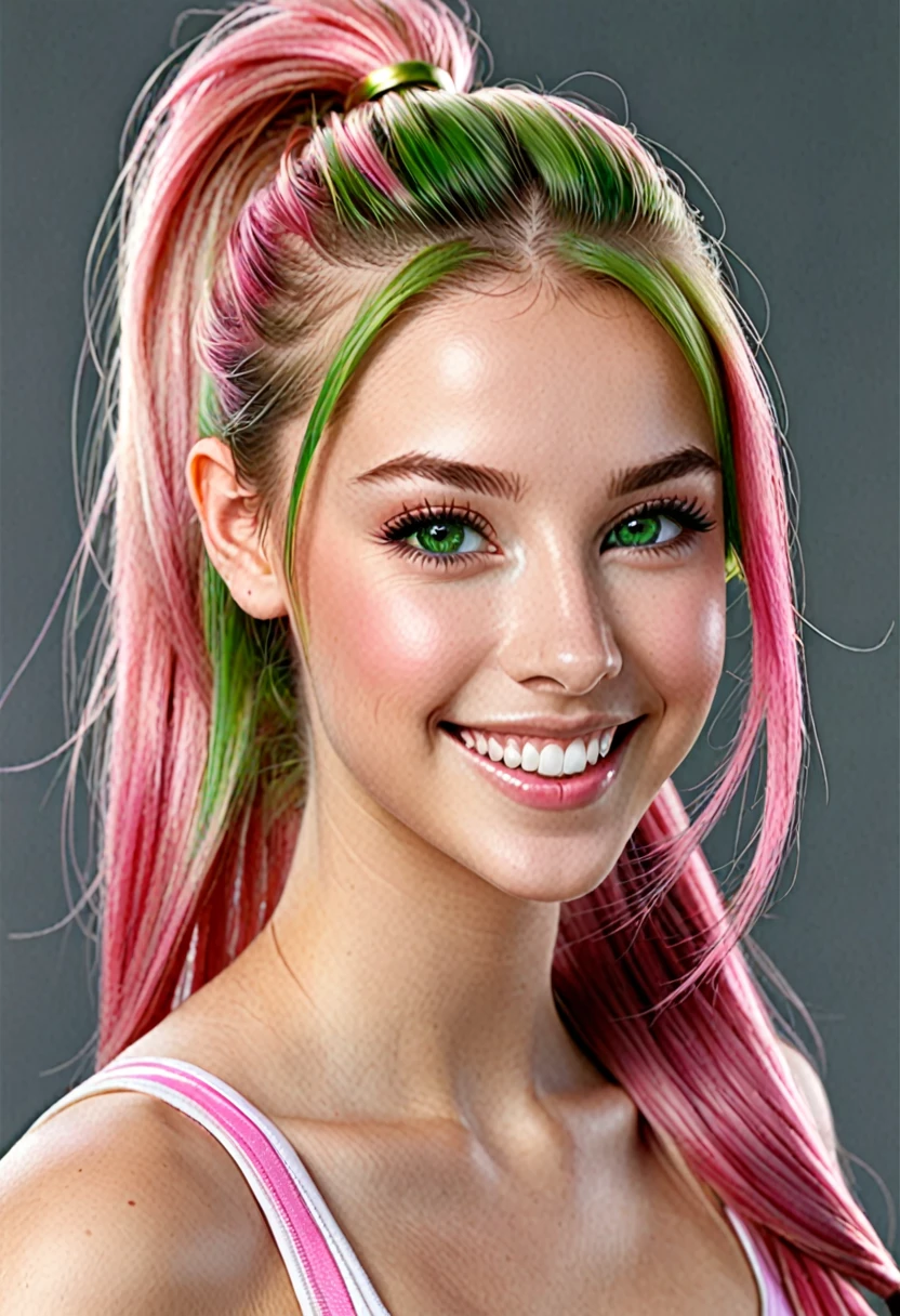 girl, beautiful green eyes, clear skin, soft makeup, long streaked green/pink hair, pony tails, realistic soft skin, tight body, photorealistic, realistic. smiling