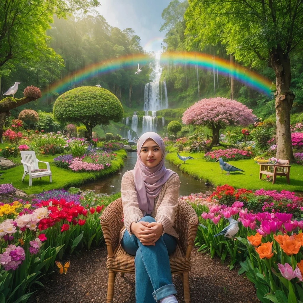 foto asli, di negara belanda ada seorang wanita berhijab indonesia yg berpakaian casual, dia sedang duduk berpose di sebuah taman bunga yg sangat indah di negara tersebut,dengan (pohon,kursi taman,rumput,semak,bunga,kupu kupu,dan burung merpati) dengan raut wajah tersenyum hadap depan kamera,fotografi profesioal sangat rumit detail dan tajam, eye frog low view angle,23k ultra HD. A rainbow over a waterfall surrounded by lush vegetation