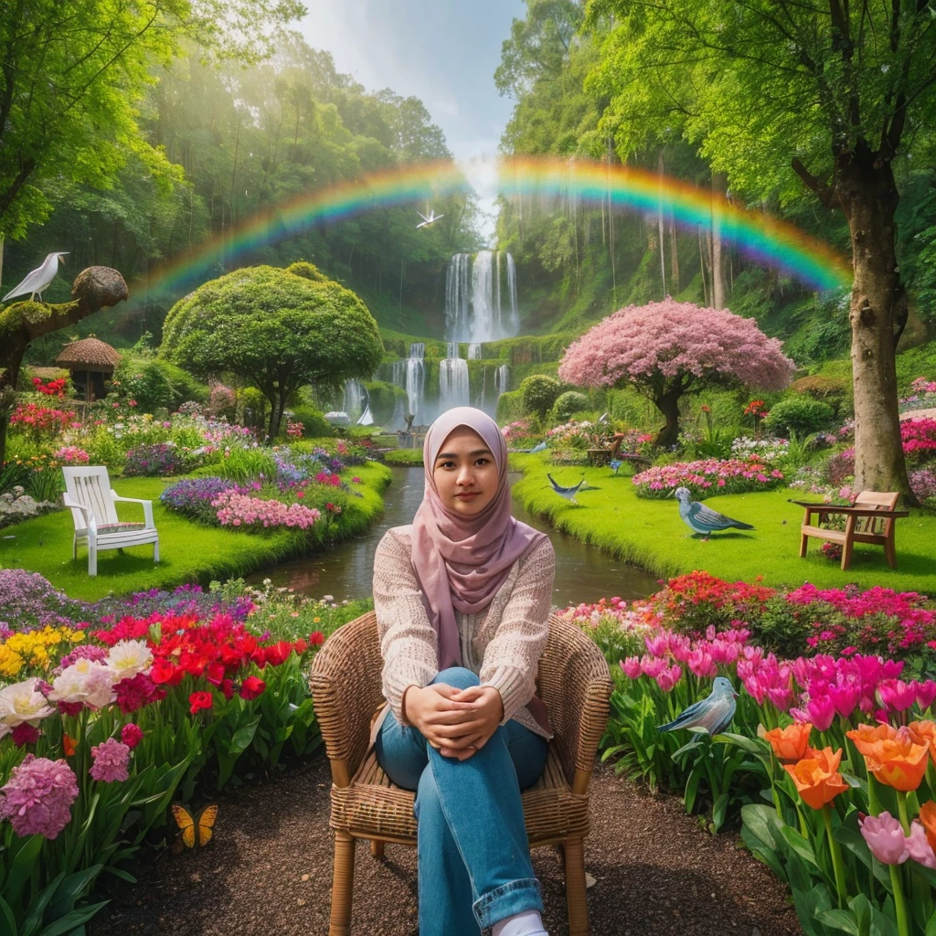 foto asli, di negara belanda ada seorang wanita berhijab indonesia yg berpakaian casual, dia sedang duduk berpose di sebuah taman bunga yg sangat indah di negara tersebut,dengan (pohon,kursi taman,rumput,semak,bunga,kupu kupu,dan burung merpati) dengan raut wajah tersenyum hadap depan kamera,fotografi profesioal sangat rumit detail dan tajam, eye frog low view angle,23k ultra HD. A rainbow over a waterfall surrounded by lush vegetation