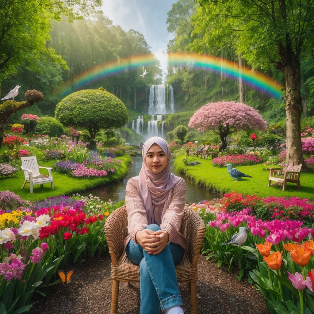 foto asli, di negara belanda ada seorang wanita berhijab indonesia yg berpakaian casual, dia sedang duduk berpose di sebuah taman bunga yg sangat indah di negara tersebut,dengan (pohon,kursi taman,rumput,semak,bunga,kupu kupu,dan burung merpati) dengan raut wajah tersenyum hadap depan kamera,fotografi profesioal sangat rumit detail dan tajam, eye frog low view angle,23k ultra HD. A rainbow over a waterfall surrounded by lush vegetation