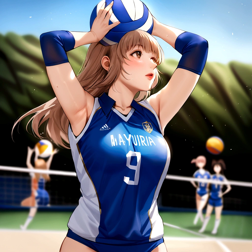 arafed asian woman in blue volleyball uniform holding a volleyball ball, wearing a volleyball jersey, mayuri shiina, volleyball, Ayaka Cosplay, sakimichan HDRI, Chiho ashima, Chiho, Portrait of Mayuri Shiina, harumi, Yuki Morita,