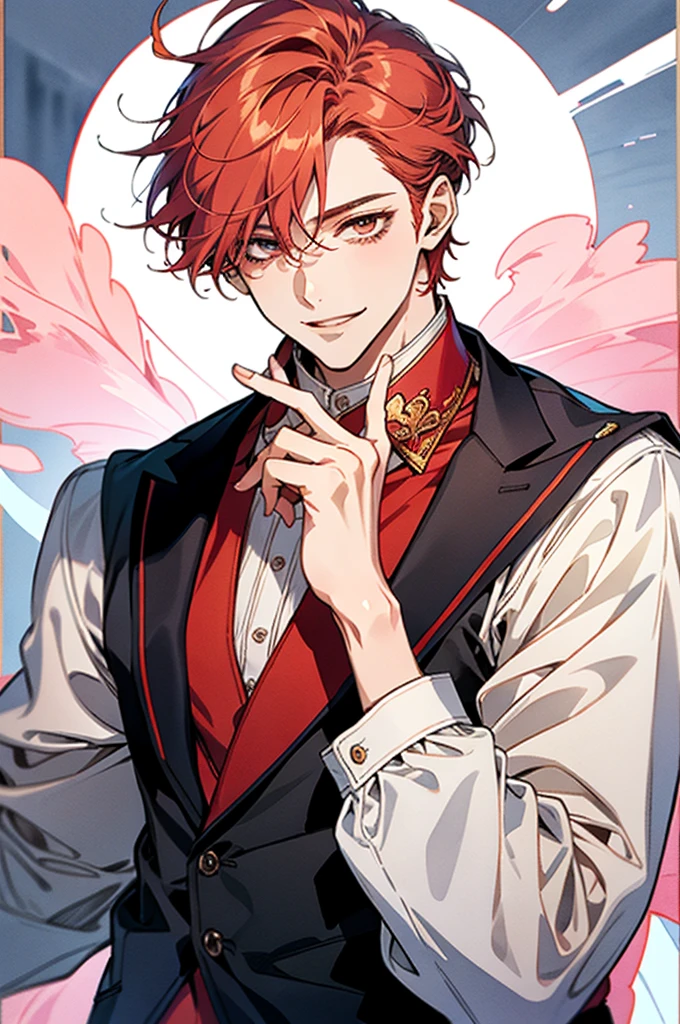 red hair,short hair,clear line drawing, transparent watercolor, clear shading, beautiful young man, slim,finger heart, Fashionable everyday wear, convey love, inner strength, loves it,high quality, Amount to draw, pixiv illustration,smile, {{{man make heart symbol with fingers,make heart symbol with index fingers and middle fingers}}},
