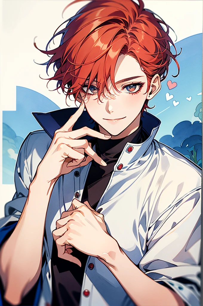 red hair,short hair,clear line drawing, transparent watercolor, clear shading, beautiful young man, slim,finger heart, Fashionable everyday wear, convey love, inner strength, loves it,high quality, Amount to draw, pixiv illustration,smile, {{{man make heart symbol with fingers,make heart symbol with index fingers and middle fingers}}},