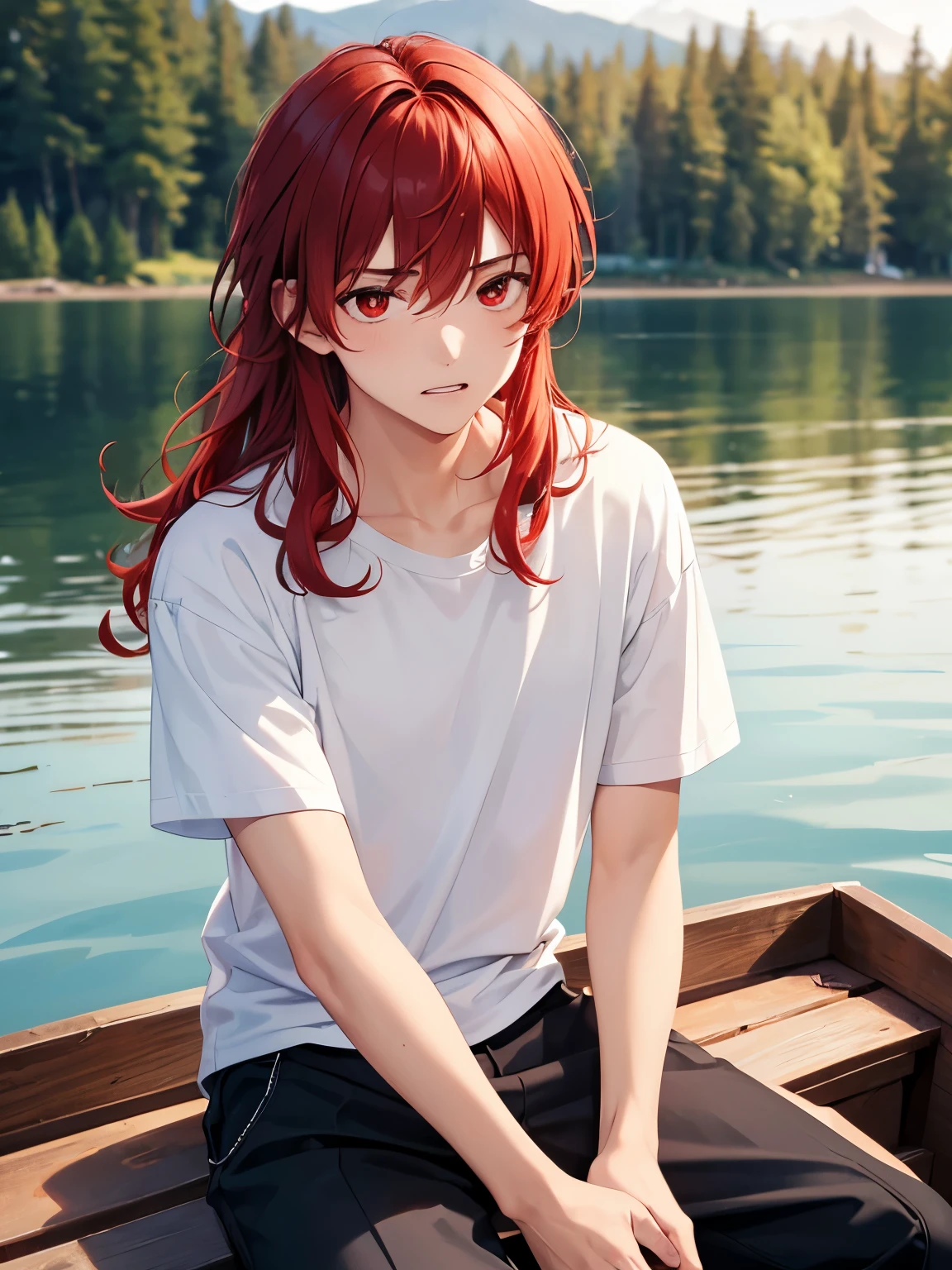 1boy,18 years old,Sitting in a wooden boat, on a lake,cool,Annoyed expression, teeth showing, hands crossed,middle parted hairstyle,Standing facing backwards,talking,Curly hair, red hair, red eyes, long hair, vampire, handsome,,close up photo,White t-shirt,Short sleeve t-shirt,,black trousers