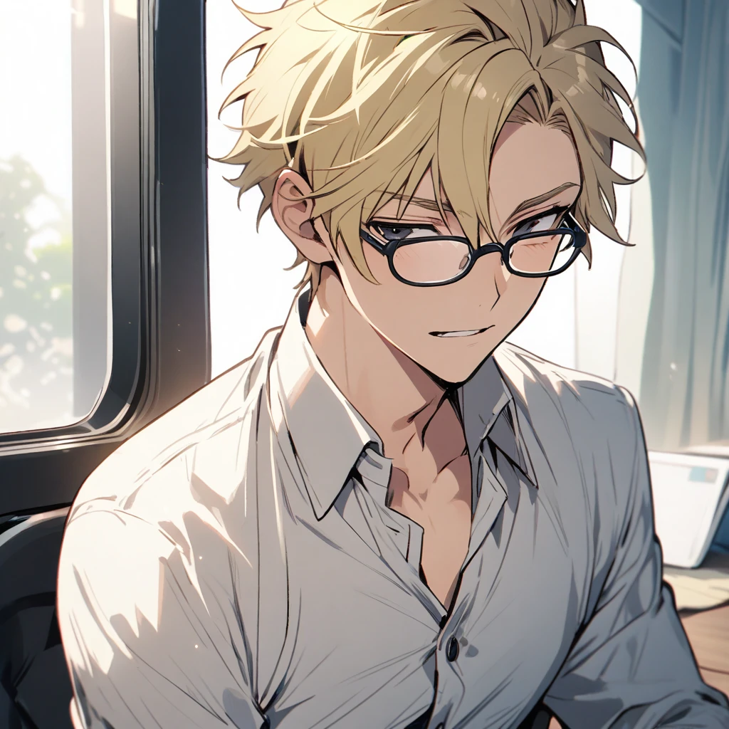 Male, solo, handsome, blond hair, black eyes, glasses, innocent