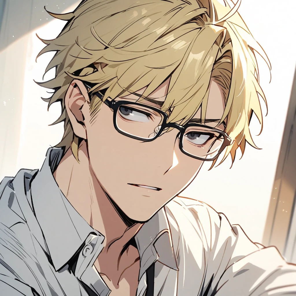 Male, solo, handsome, blond hair, black eyes, glasses, innocent